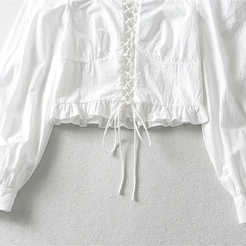 Caring 2021Spring New Palace Style Lace-up White Shirt Long Sleeve Retro Minority Design Sense Square-Neck Cinched Top