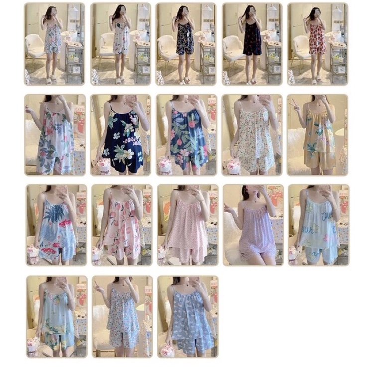 Bộ Đồ Ngủ, Bộ Đồ Mặc Nhà Chất Liệu Cotton Lanh Lụa 2 Dây Quần Đùi Hoạ Tiết Siêu Mát Size 45-75kg