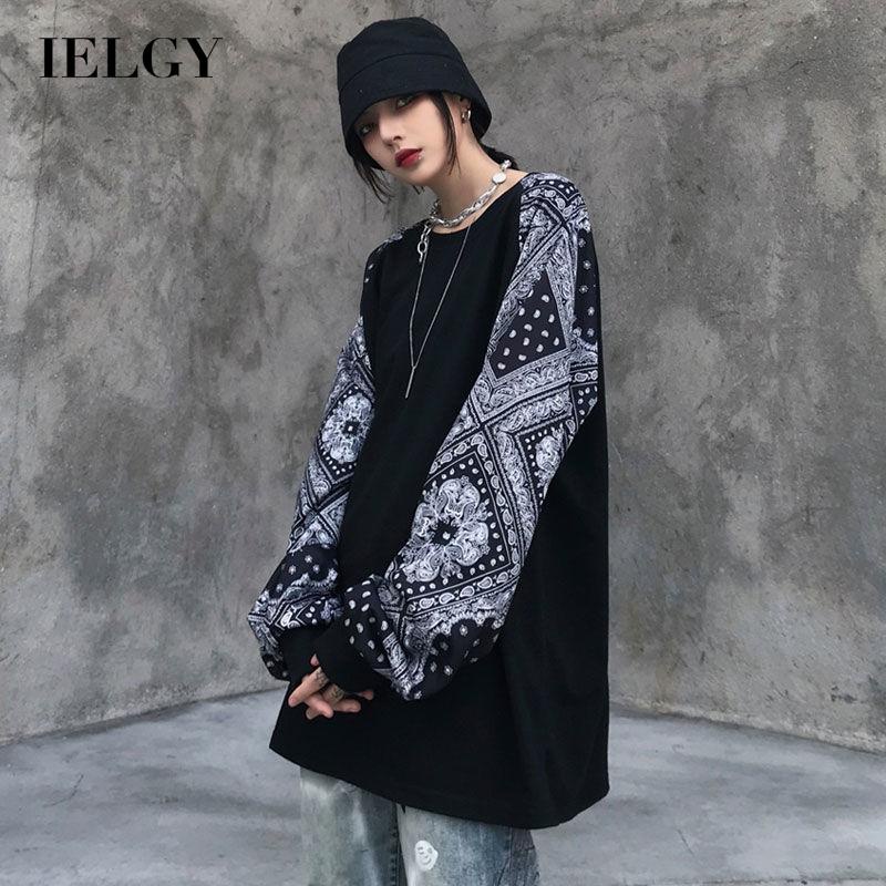 Áo thun IELGY tay dài dáng rộng in họa tiết hoa phong cách retro thời trang cho nữ