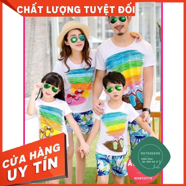 Áo thun giá sỉ Bộ đi biển gia đình/hội nhóm mẫu đôi dép-Màu trắng-quần dừa-áo thun cotton co giãn mềm mịn