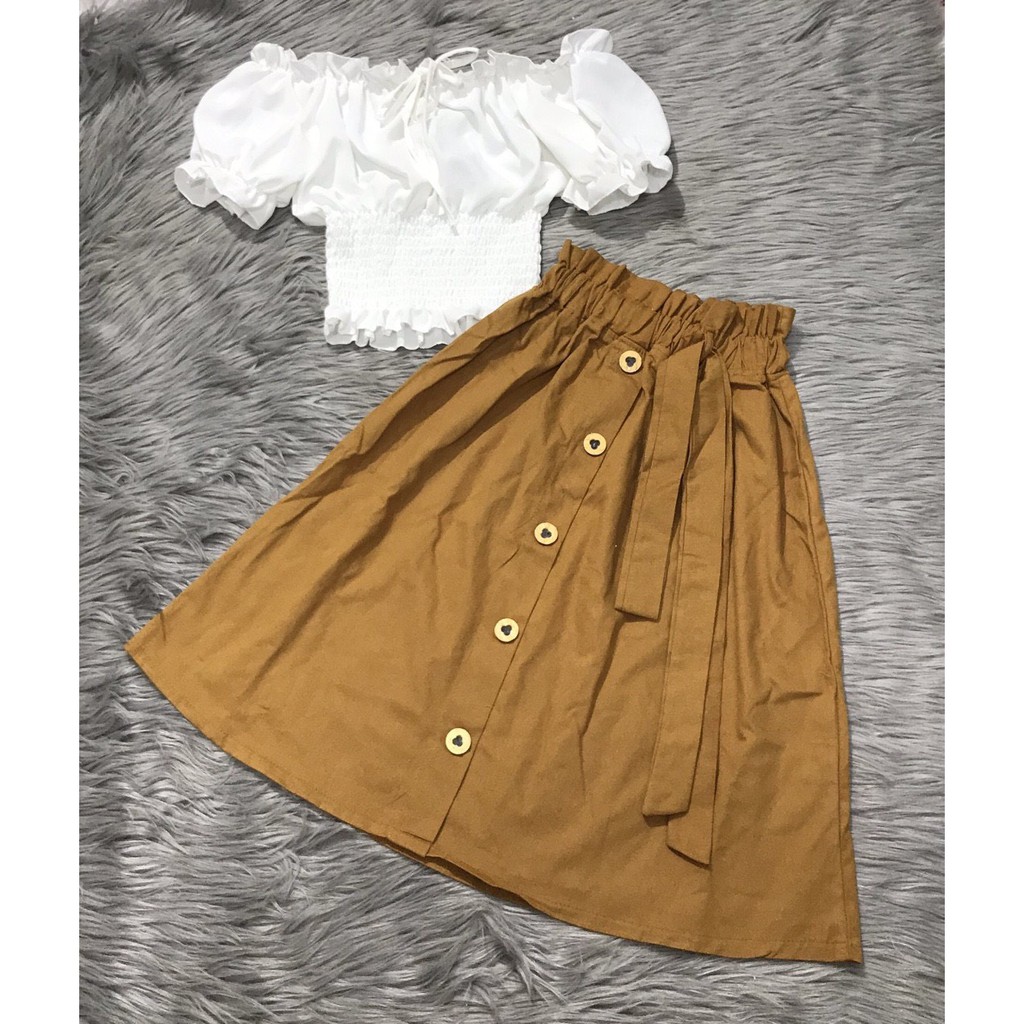 Chân váy kaki xòe hàng nút phối nhún dày dặn buộc nơ xinh | BigBuy360 - bigbuy360.vn
