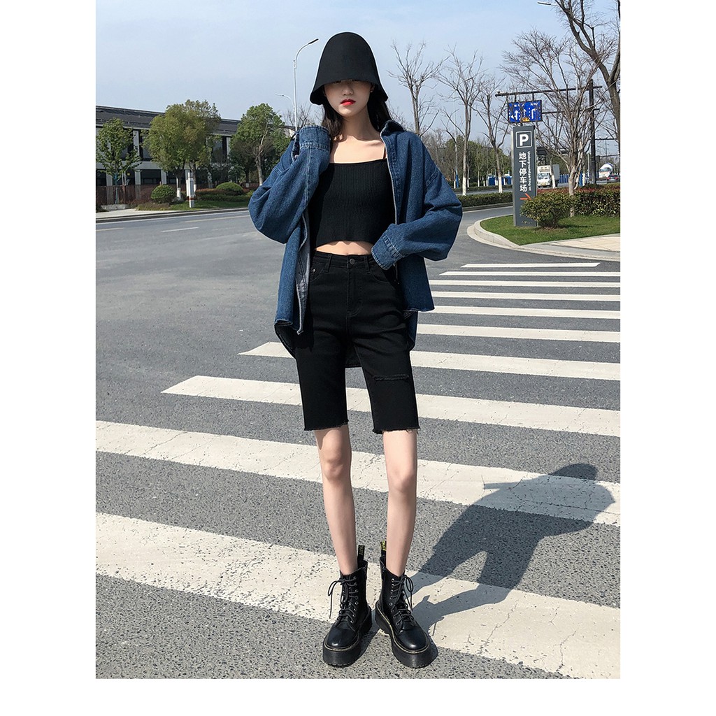 QUẦN JEAN NGỐ SKINNY NỮ GIÃN LỬNG NỮ LƯNG CAO RÁCH ĐÙI TRÁI MÀU ĐEN LAI TUA CAO CẤP NITI2 ĐỦ SIZE S, M, L CHẤT BÒ GIÃN