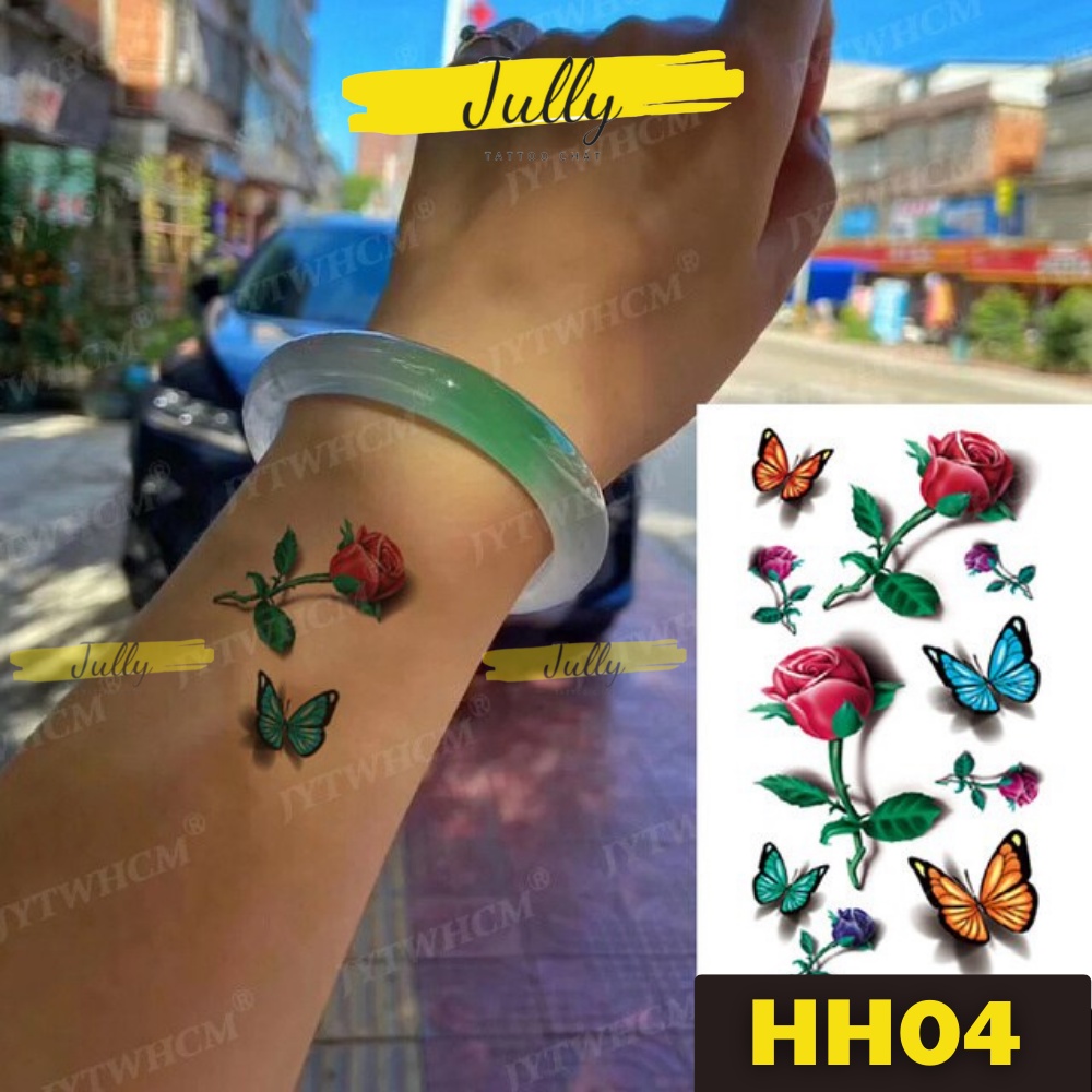 Hình xăm dán mini hoa hồng 3D, bướm, xăm tạm thời chống nước an toàn bền đẹp JULLY Tattoo chất