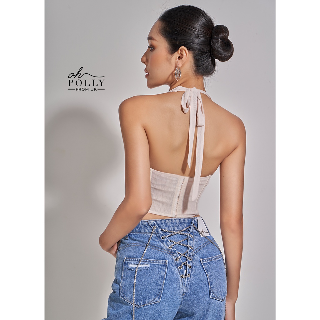 Oh Polly - Áo croptop khoét ngực, cổ yếm corset ôm body