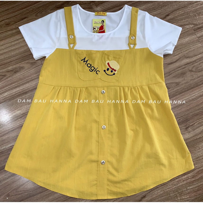 [SIZE 40-70kg] Áo bầu công sở giả yếm dễ thương cho mẹ trẻ vải đũi mềm mát cao cấp không nhăn phù hợp đi làm đi chơi