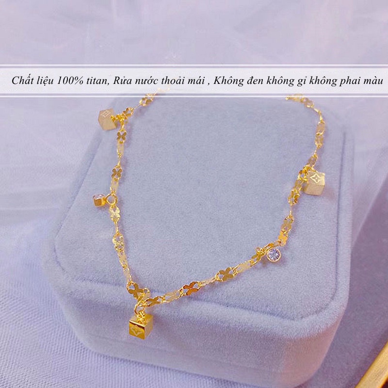 Lắc chân nữ titan không gỉ thiết kế hoa văn cỏ 4 lá thời trang trẻ trung