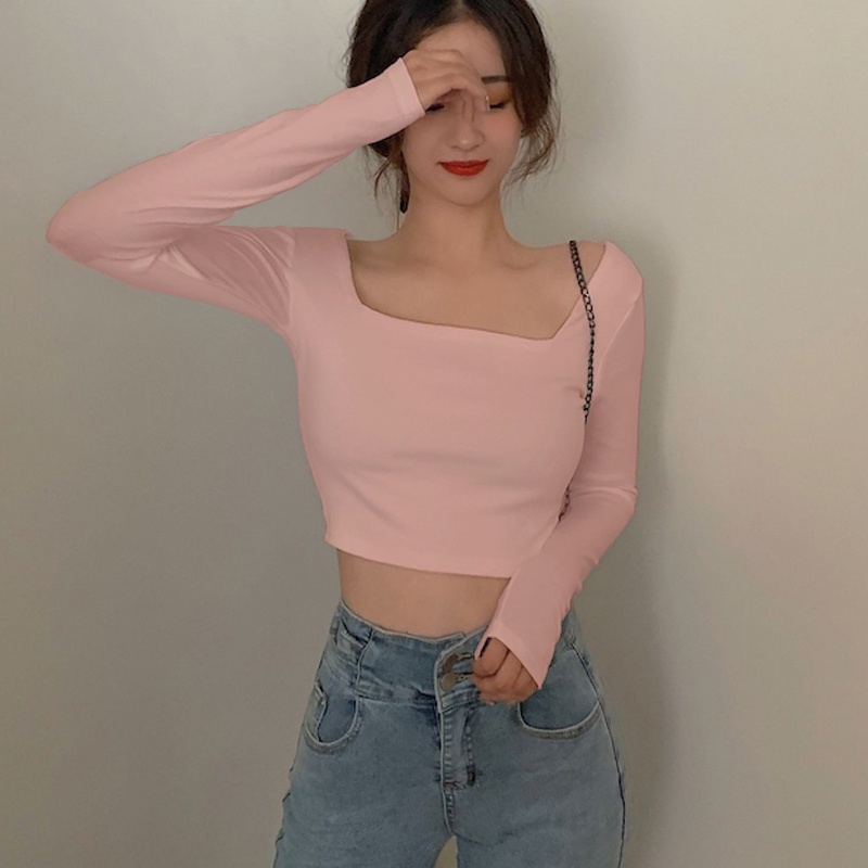 Áo Croptop Tay Dài Cổ Vuông Phong Cách Hàn quốc Madela, Áo Thun Nữ Tay Dài Cổ Vuông