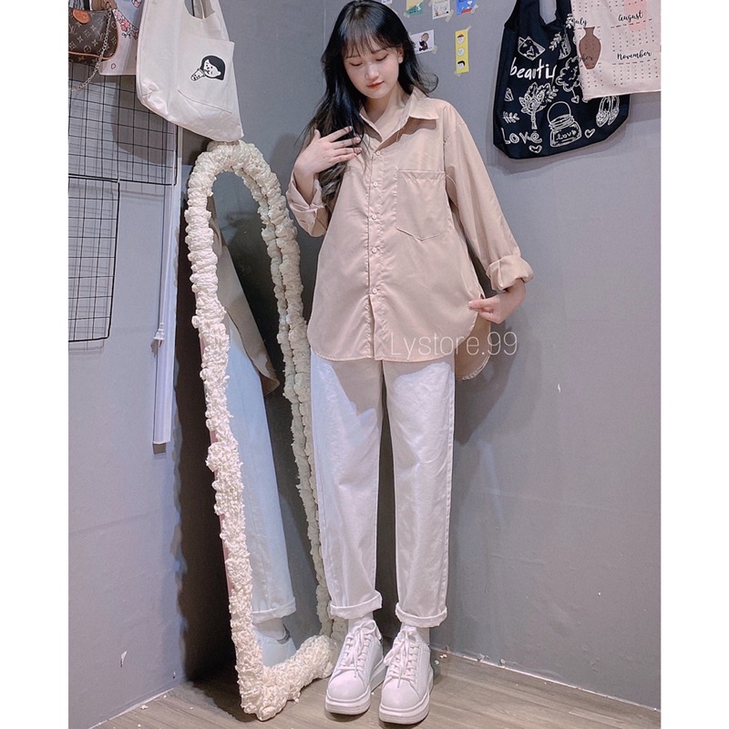 [Mã FAMARAL1 giảm 10K đơn 50K] (Hình shop tự chụp) Áo sơmi nâu vạt bầu + quần baggy trắng