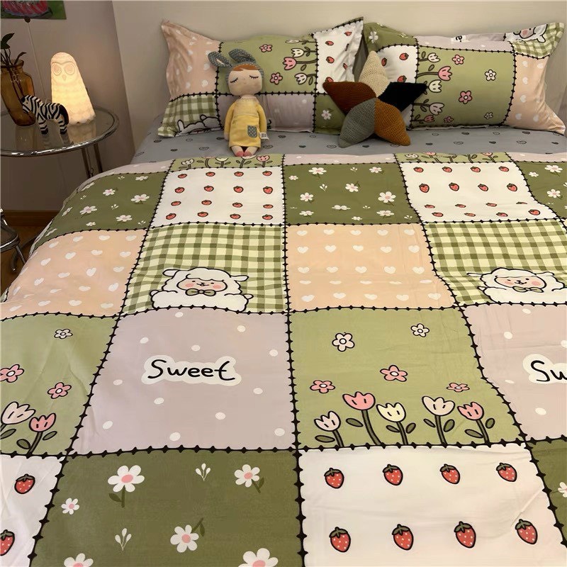 Bộ chăn ga gối Cotton Poly Vanda nhập khẩu họa tiết kẻ Miễn Phí bo chun drap giường