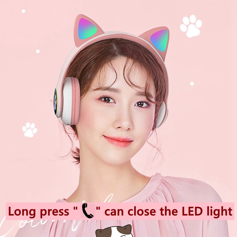 Đèn nháy Đèn nháy Tai mèo dễ thương Tai nghe không dây Bluetooth có Mic Có thể điều khiển LED Kid Girl Âm thanh nổi Mũ bảo hiểm Tai nghe Điện thoại Quà tặng