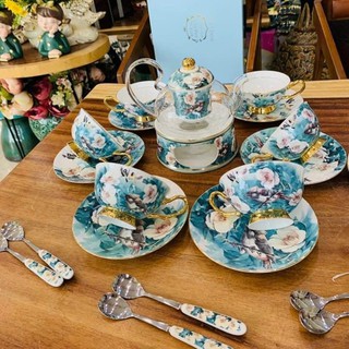 Bộ trà sứ xương, bộ ấm chén kèm đế nến thủy tinh kết hợp sứ xương cao cấp - atotoki decor