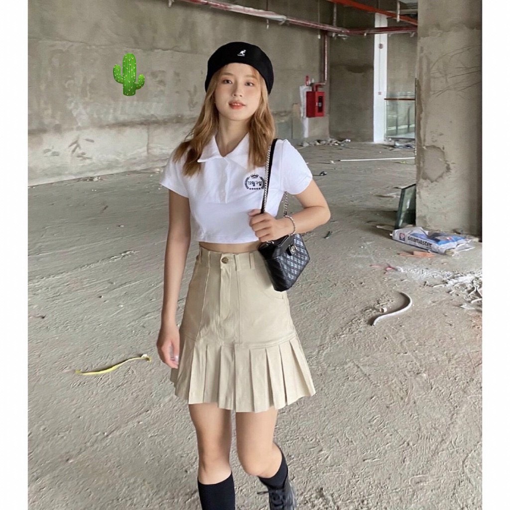 Áo thun croptop polo chữ Hàn tay ngắn năng động trẻ trung