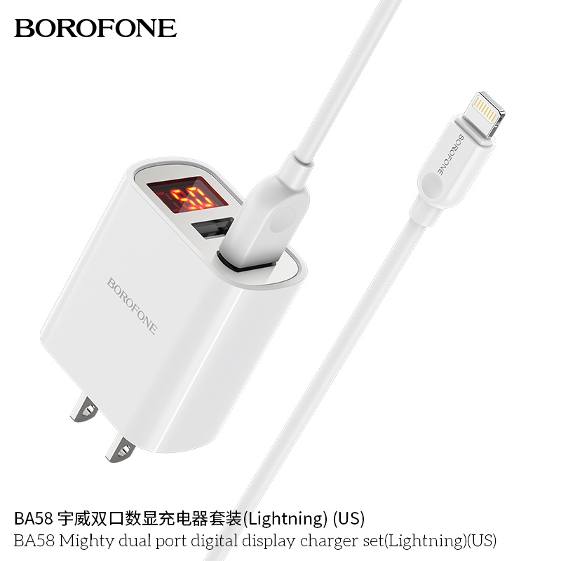 Bộ sạc cáp 2.4A BOROFONE BA58 đèn LED 2 cổng USB dây dài 1m - Chính hãng