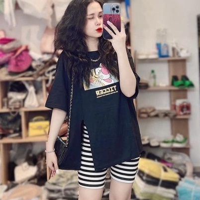 Đồ bộ nữ, set đồ bộ quần sọc ngố thun gân và áo thun cotton ngắn tay form rộng freesize xẻ tà in hình cute, đồ mặc nhà