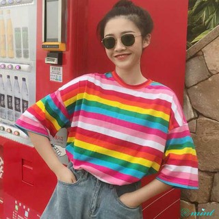 Áo thun tay lửng phối màu cầu vồng