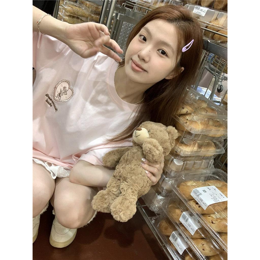 Áo Thun Dáng Rộng Ngắn Tay Thêu Hình Trái Tim Phong Cách Hàn Quốc 64244