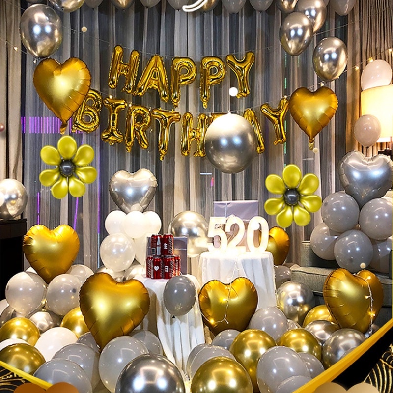 Set bóng bay trang trí sinh nhật người lớn tông bạc vàng A99
