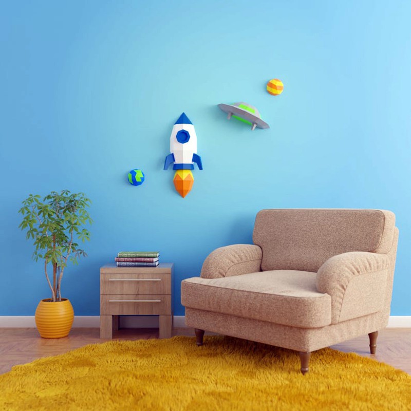 Mô hình 3d giấy hình tàu vũ trụ và tiểu hành tinh treo tường