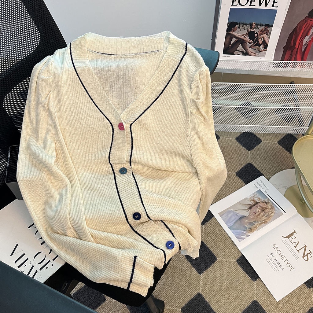 Áo Khoác cardigan Cổ Chữ V Tay Phồng Cài Nút Màu Sắc Tương Phản Thời Trang Mùa Thu Cho Nữ