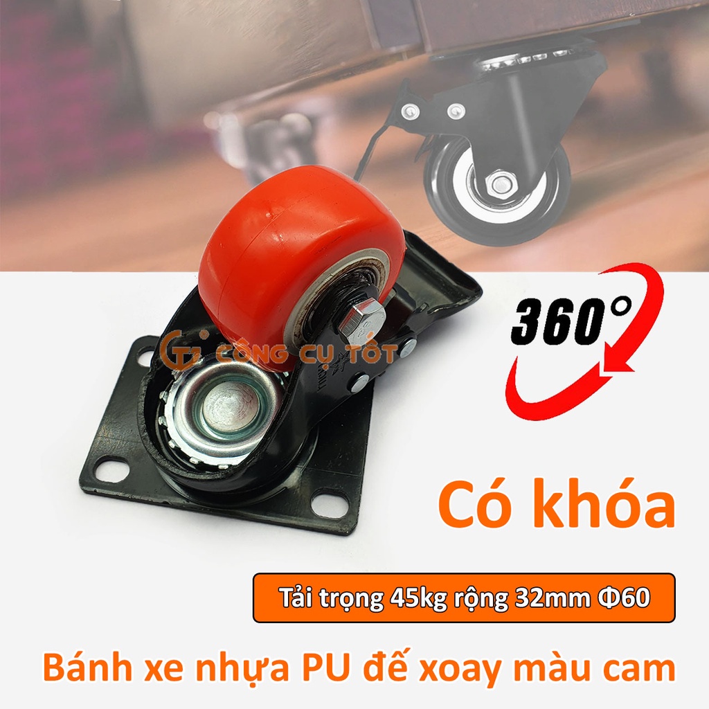 Bánh xe đẩy mặt đế xoay tải trọng 45kg lốp cam trắng rộng 32mm Φ60mm