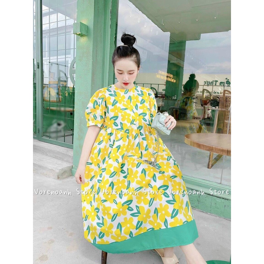 đầm bông lụa bản to cổ tròn ngắn tay