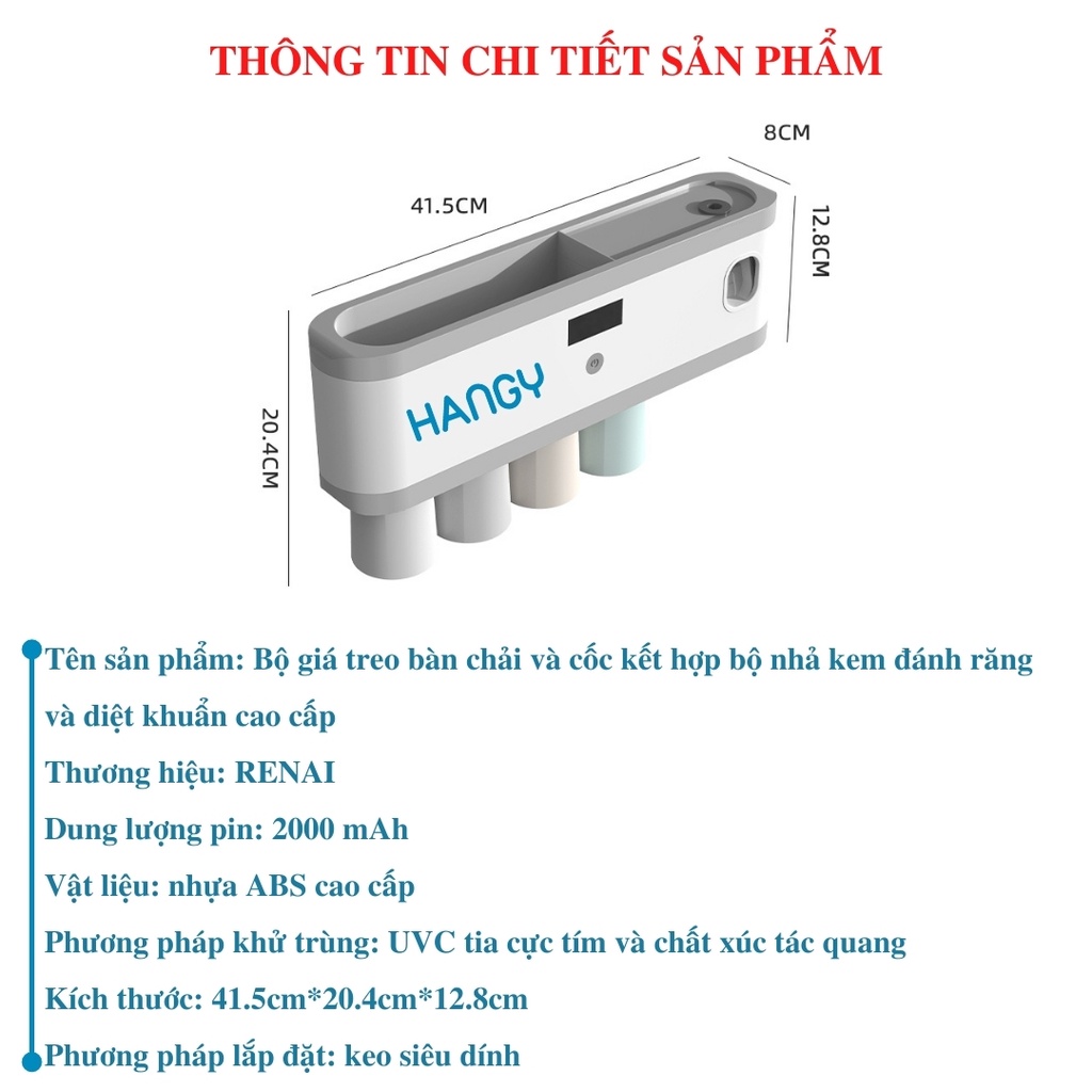 Giá treo bàn chải đánh răng và cốc kết hợp bộ nhả kem đánh răng tiệt trùng bằng tia UV RENAI HANGY