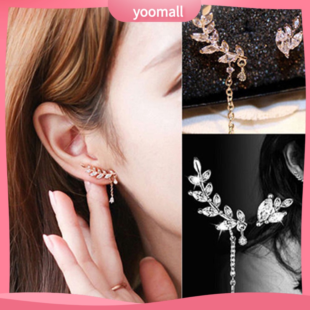 Khuyên đeo vành tai tạo hình lá đính đá lấp lánh thời trang