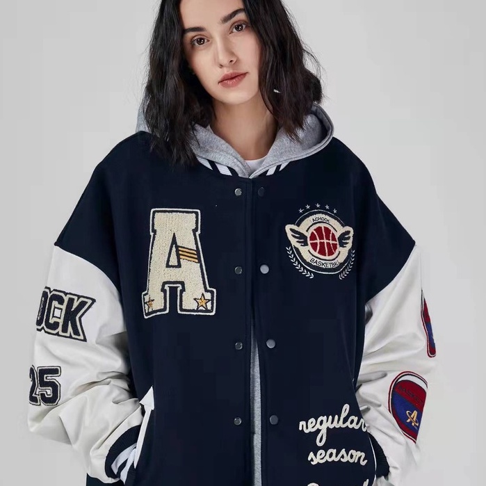 S-4XL Áo khoác bóng chày màu navy có mũ trùm đầu thời trang nghề thêu máy bay ném bom hai tầng Vải da cảm thấy Kích thước lớn