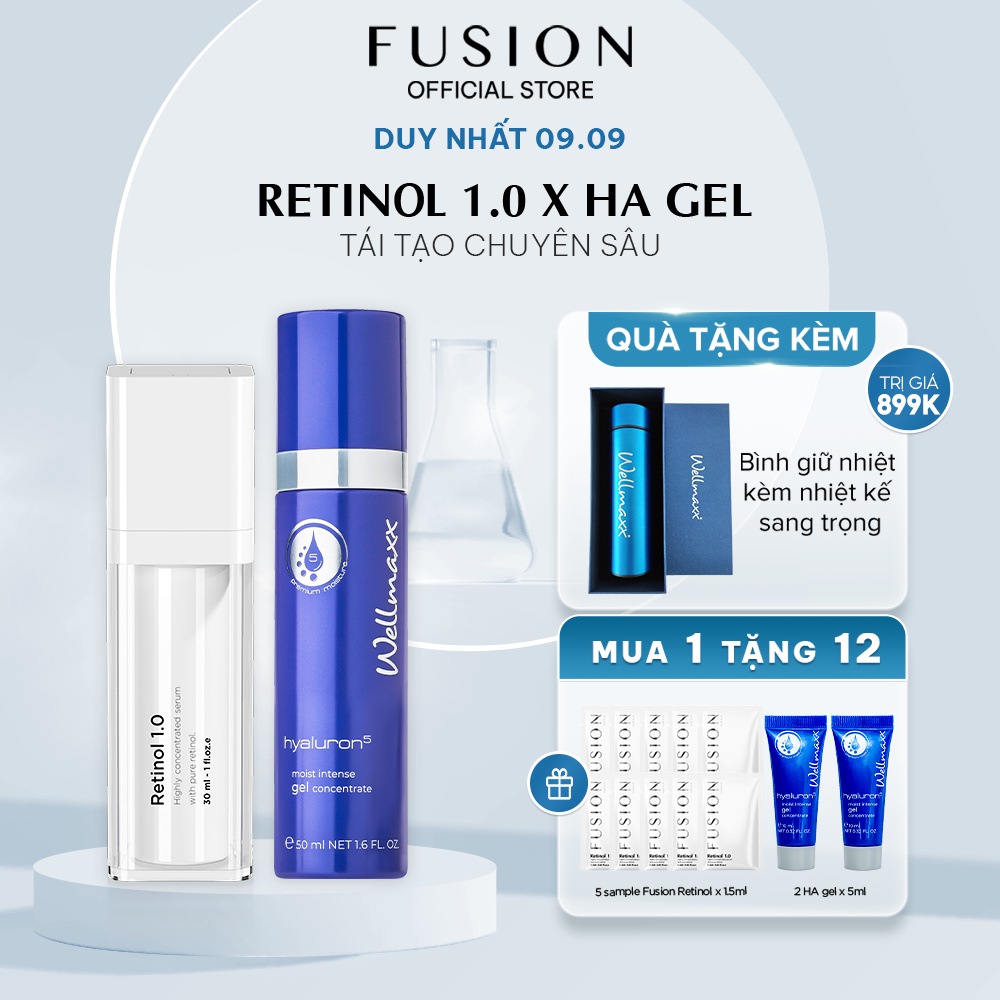 Bộ sản phẩm Fusion Retinol và HA Gel giảm mụn, cấp nước tức thời, căng bóng da