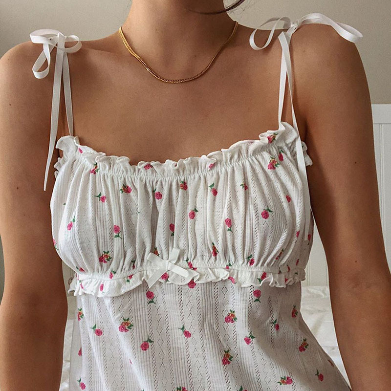 DUNEA Đầm Hai Dây In Hoa Hở Vai Có Tai Gỗ Cho Nữ