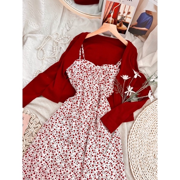 Set Đầm hoa 2 dây áo khoác len đỏ thanh lịch dễ thương