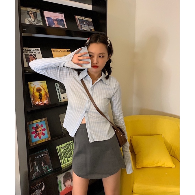 Urihouse - Áo sơ mi dài tay loe dáng ôm kẻ ô caro trắng xanh patel dáng lửng