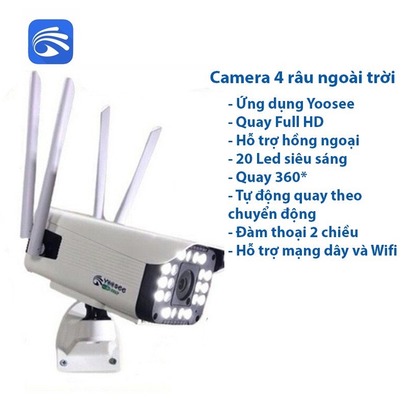 Camera yoosee ngoài trời 4 râu Xoay 3.0MP thế hệ mới, 20 đèn chiếu sáng, đàm thoại 2 chiều, có màu ban đêm