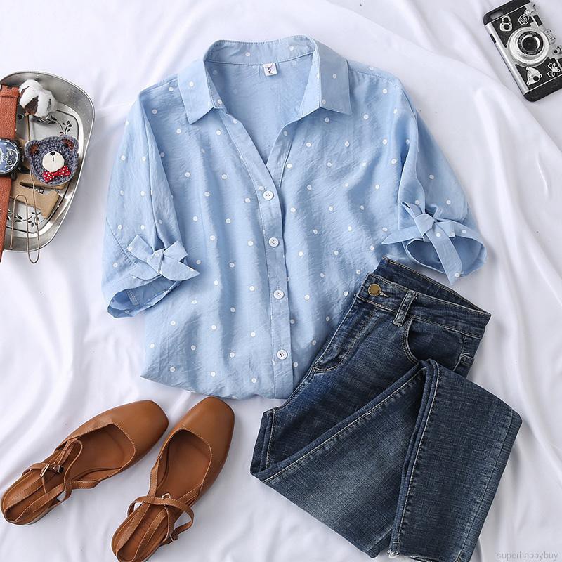 Áo sơ mi họa tiết chấm bi phong cách Hàn Quốc thanh lịch thời trang mùa hè cho nữ