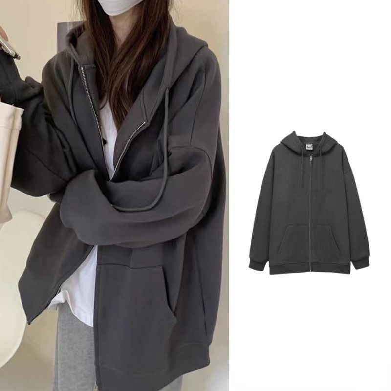 Áo Khoác Hoodie Nữ Có Dây Kéo Oversized Màu Trơn Phong Cách Hàn Quốc