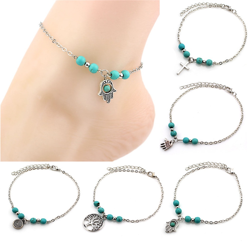 Lắc Chân Mặt Hình Bàn Tay Fatima/Cá Heo Đính Đá Ngọc Lam Phong Cách Bohemian Đi Biển Cho Nữ