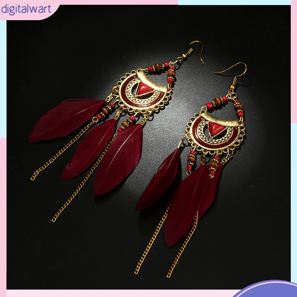 Đôi Khuyên Tai Dài Gắn Lông Vũ Phong Cách Retro Thời Trang Cho Nữ