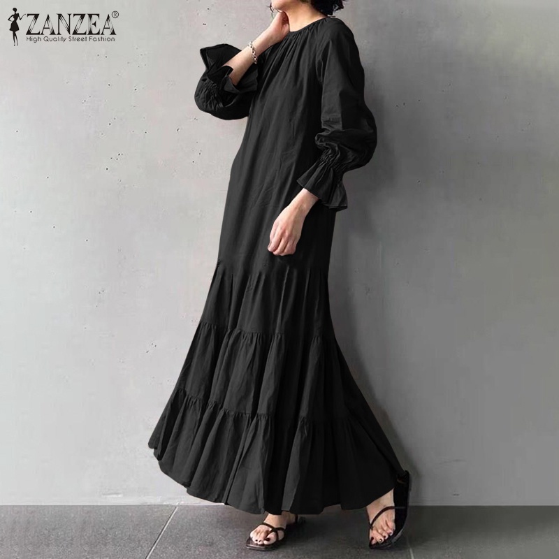 Đầm maxi ZANZEA màu trơn tay loe cổ tay co giãn thiết kế xếp tầng thời trang thường ngày cho nữ