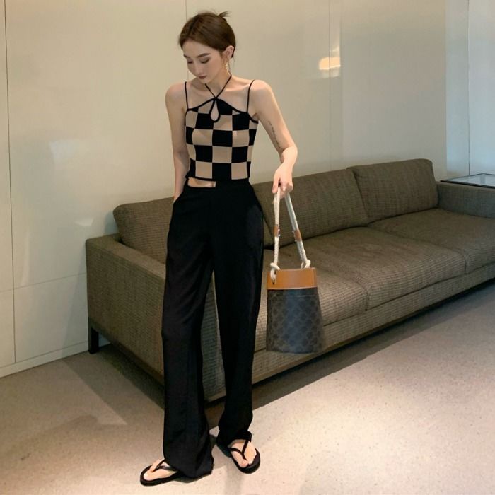 COZOK Áo hai dây sọc caro thời trang gợi cảm cho nữ