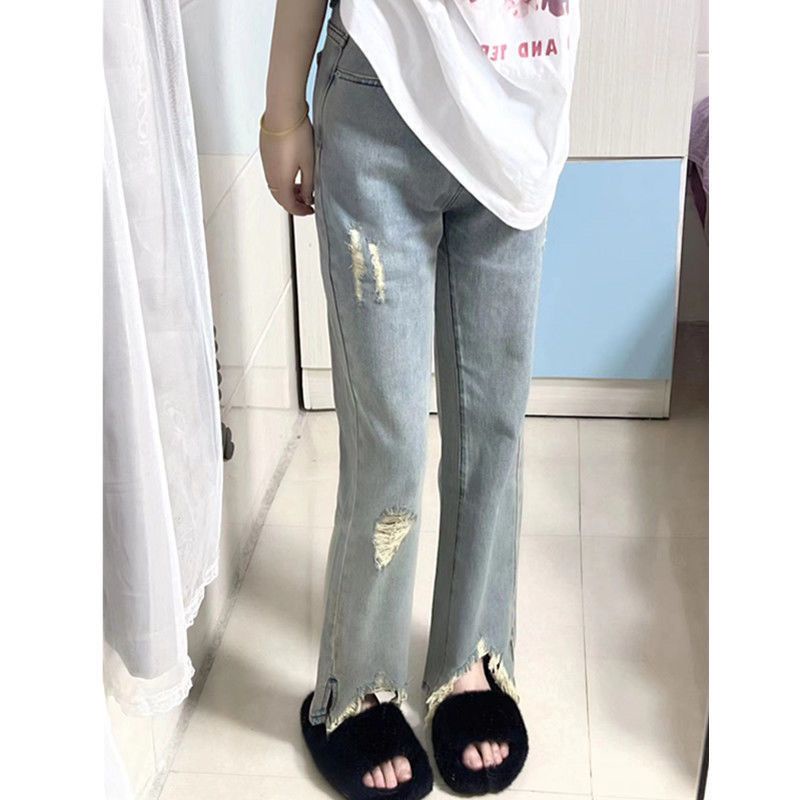 Quần Jean Nữ Ống Rộng Lưng Cao Rách Gối Thời Trang Mới