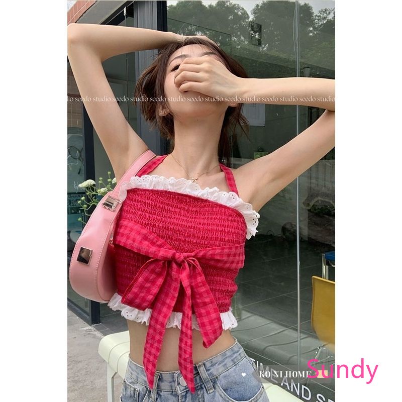 Áo Croptop Hai Dây Phối Ren Thắt Nơ Ngọt Ngào Thời Trang Mùa Hè Cho Nữ