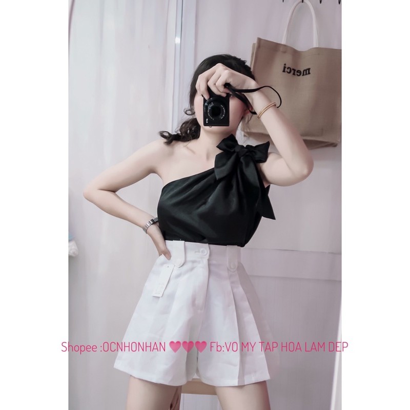 set áo lệch vai lụa nơ phôi quần short