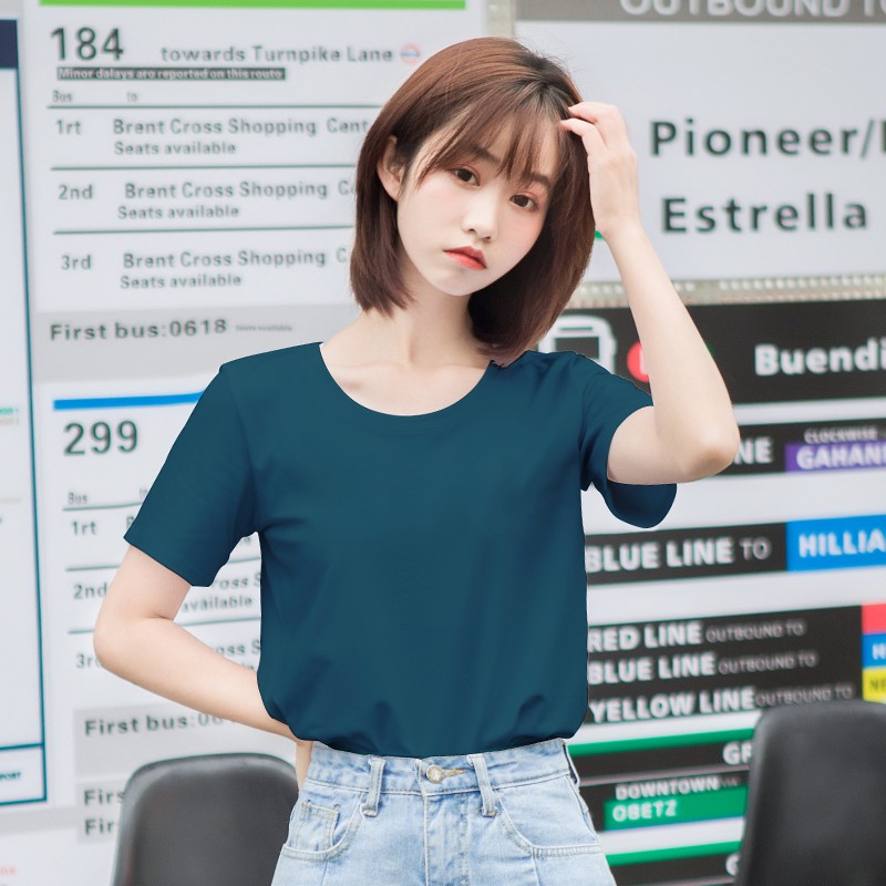 Xu Li peacock blue round neck short-sleeved cotton t-shirt women's super hot ins college style Korean version of the wild half-sleeved ladies women's clothing