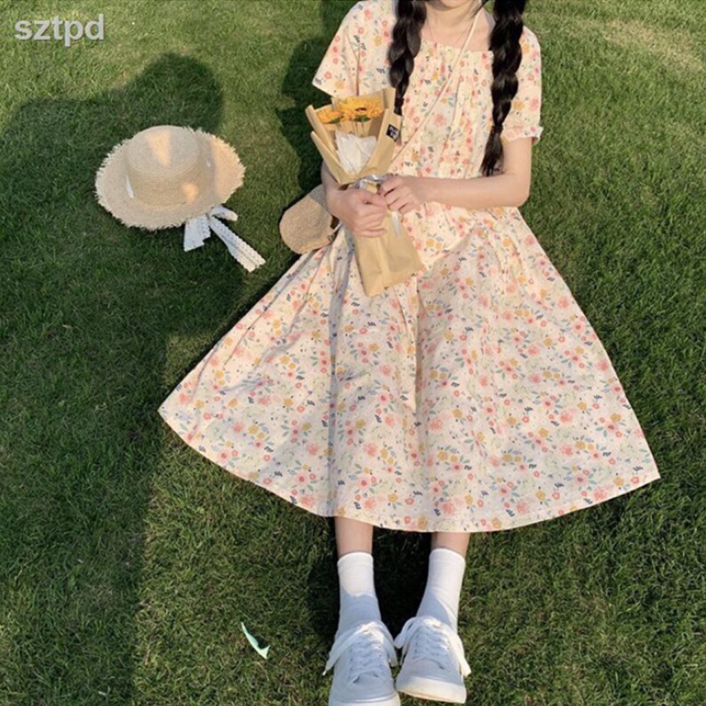 Váy babydoll hoa nhí cổ vuông xếp li ngực ulzzang, Đầm dự tiệc ulzzang hoa nhí dáng rộng chất thô lụa ngọt ngào -V9005 | BigBuy360 - bigbuy360.vn