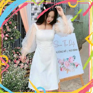 Váy đầm nữ dáng xòe tay lưới dài