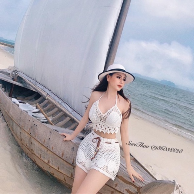 Set biển - set 2 món - áo bra đan móc sexy kiểu lưới + quần ren hoa phối dây da (có tách rời)