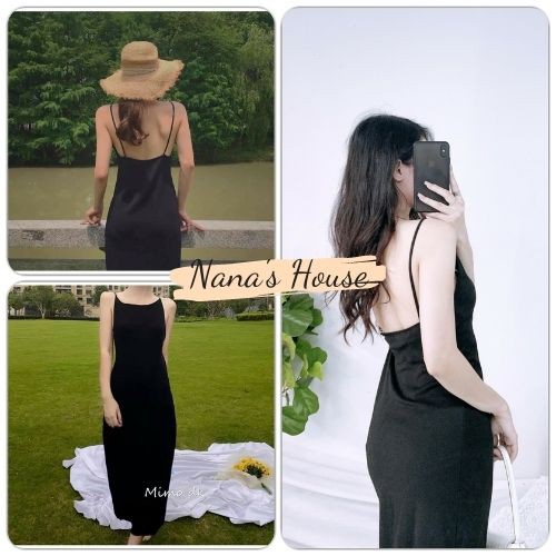 Váy 2s Midi Hở Lưng Nữ 🎁 Nana's House - FREESHIP 🎁 Đầm hai dây suông ôm body dáng dài màu đen basic