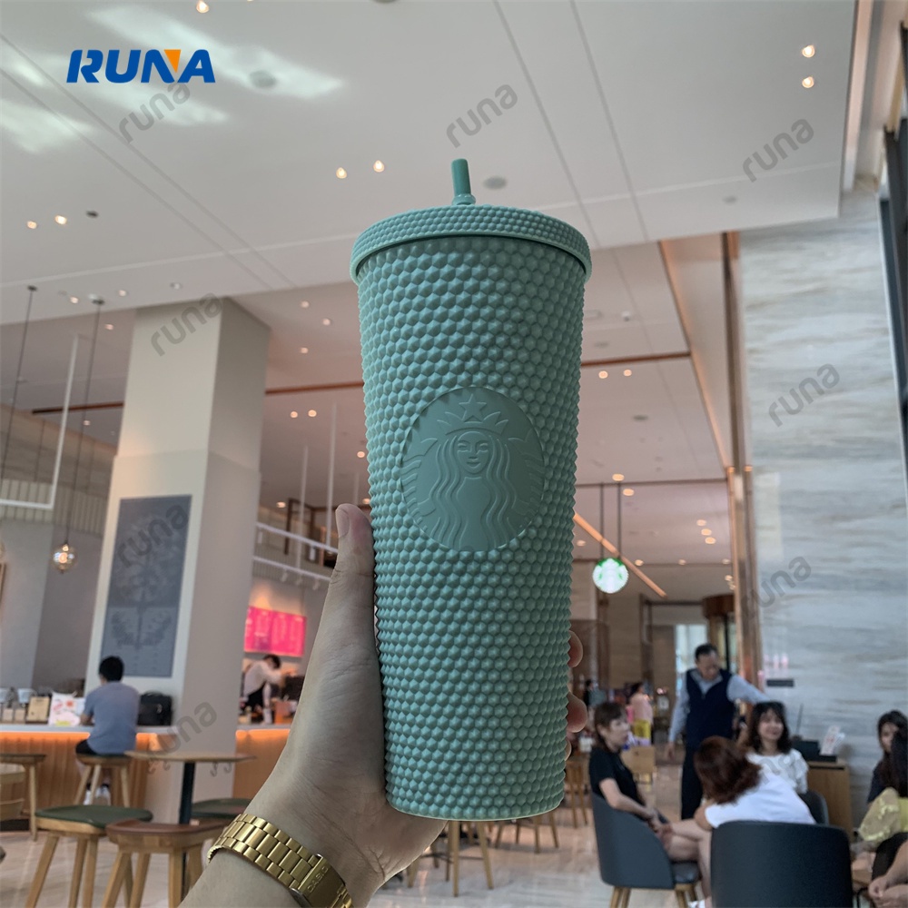 Ly Uống Nước Starbucks Có Ống Hút Màu Xanh Bạc Hà Họa Tiết Vân Kim Cương