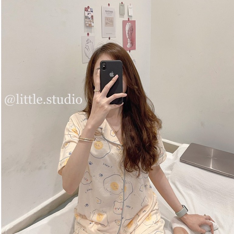 Bộ pyjama mặc nhà họa tiết trứng rán dễ thương đơn giản chất thun mỏng nhẹ thoáng mát Hàn Quốc mùa hè | BigBuy360 - bigbuy360.vn