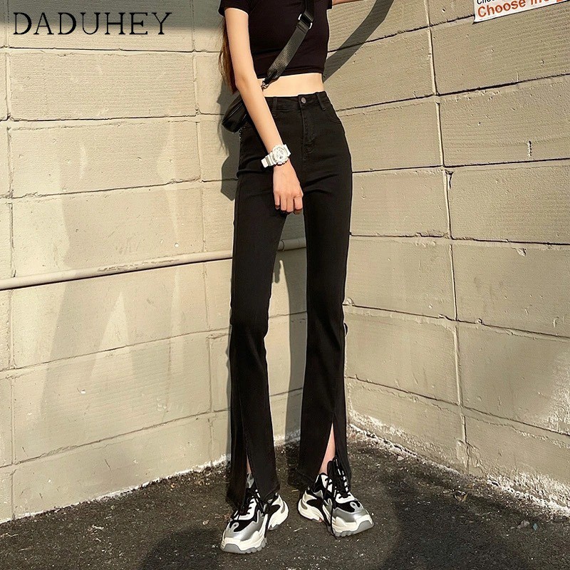 Daduhey Quần jean dài ống loe lưng cao màu đen phong cách Hàn Quốc thời trang mùa hè dành cho nữ 2021